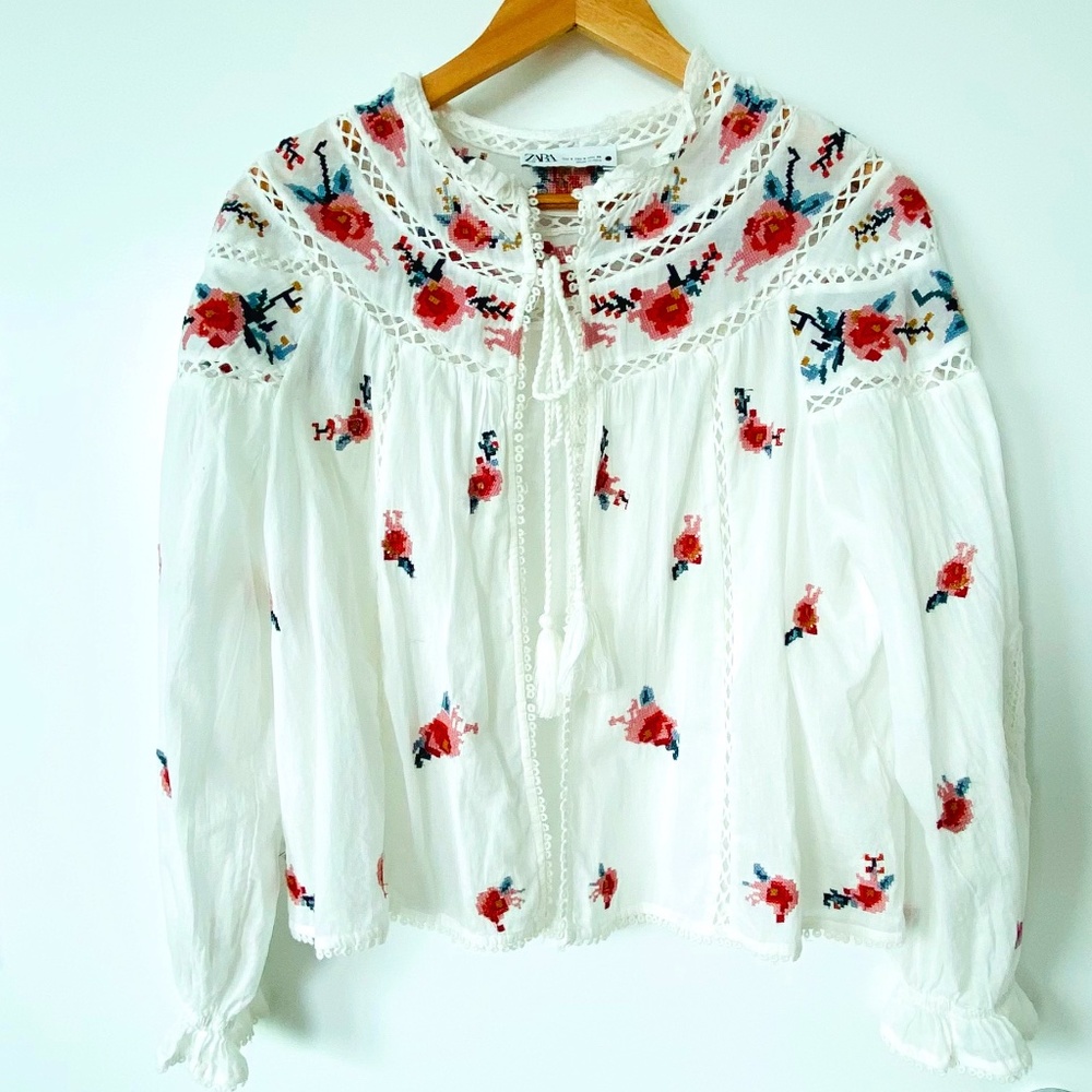Zara Floral Embroidered Boho Blouse S
